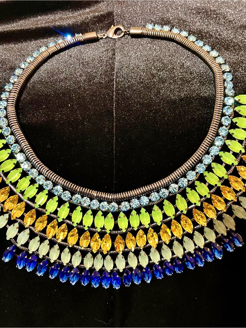Vintage Statement Multicolor Crystal Bib Necklace - Blue/Green/Yellow -